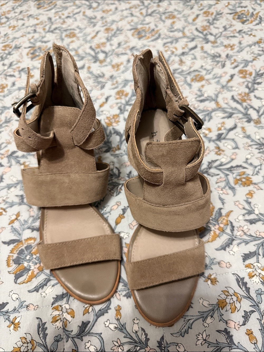 hinge Taupe Suede Strappy Block Heel Sandals
